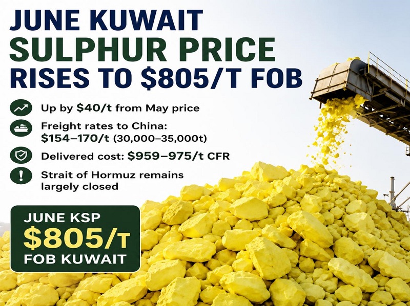 Kuwait's KPC Raises June Sulphur FOB Offer Price to $805 Per Ton